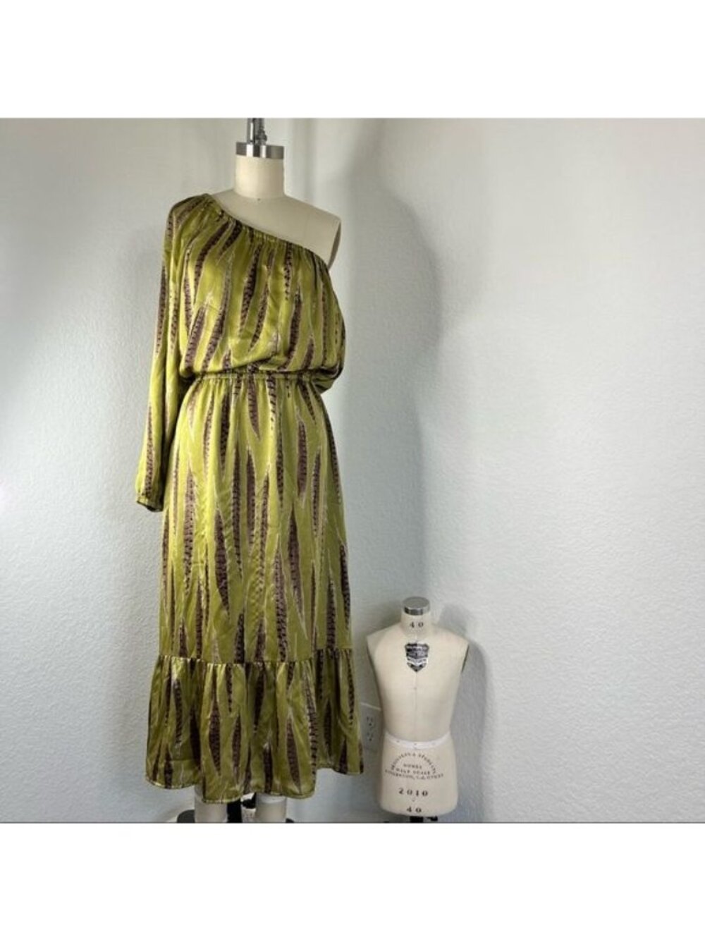 MK Michael Kors Tarragon Feather Peasant One Shoulder Midi Dress